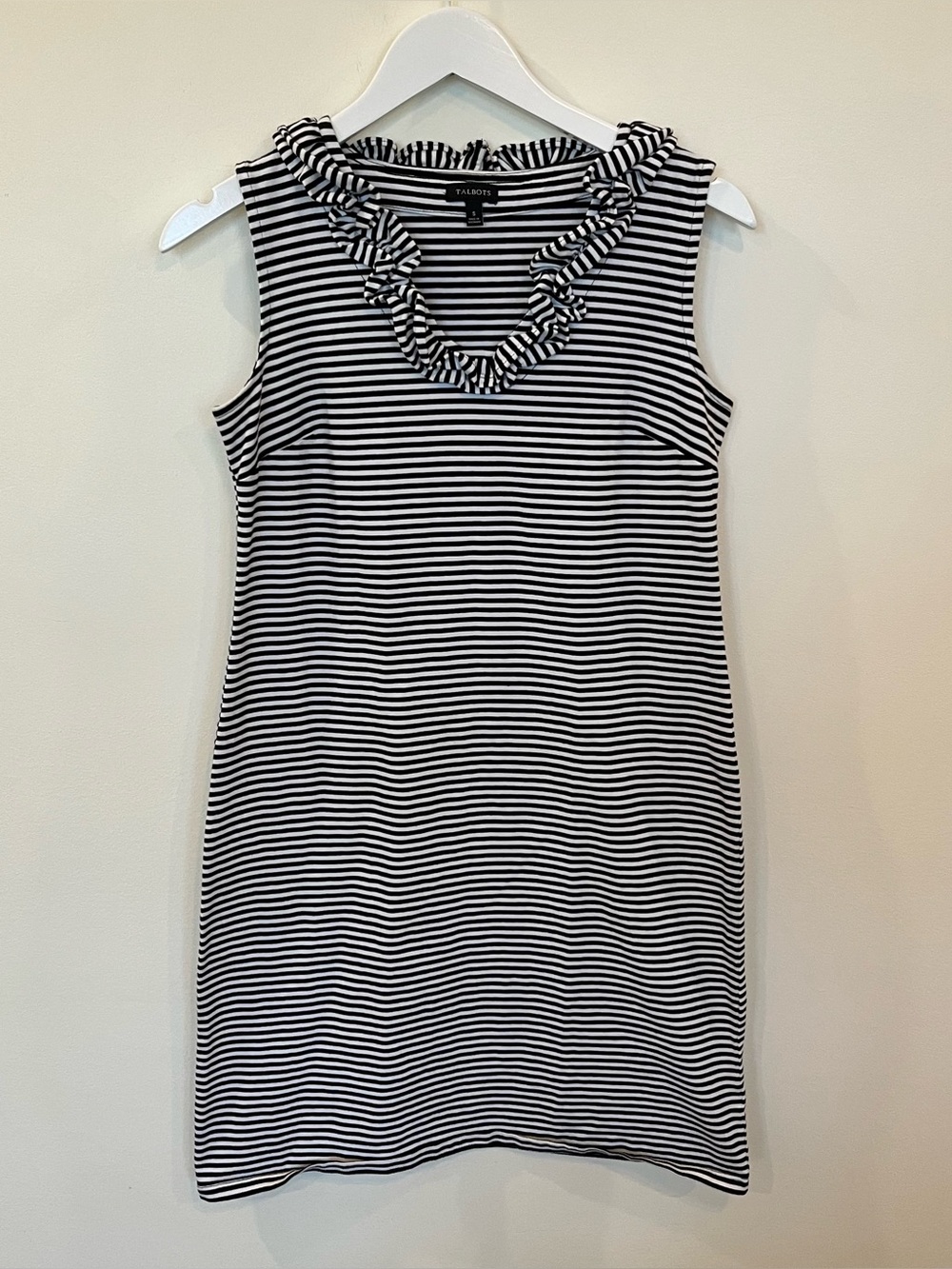 TALBOTS black white Striped Casual Dress Womens Small Sleeveless ruffle neckline